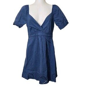 BCBG MAXAZARIA Dress Womens 0 Petite Blue Short Sleeve Lined Cotton Blend